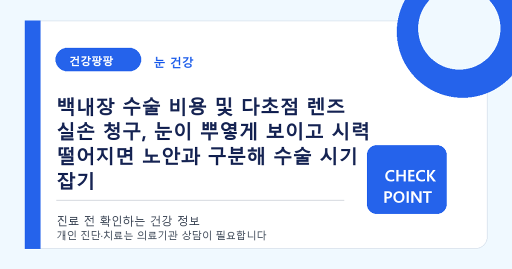 백내장 수술 비용 및 다초점 렌즈 실손 청구, 눈이 뿌옇게 보이고 시력 떨어지면 노안과 구분해 수술 시기 잡기 대표 이미지