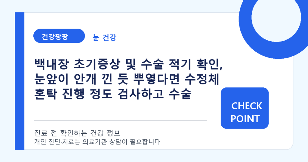 백내장 초기증상 및 수술 적기 확인, 눈앞이 안개 낀 듯 뿌옇다면 수정체 혼탁 진행 정도 검사하고 수술 대표 이미지